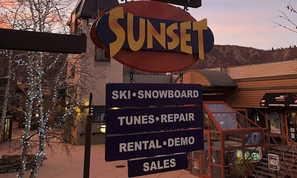sunset ski shop sign in snowmass village mall