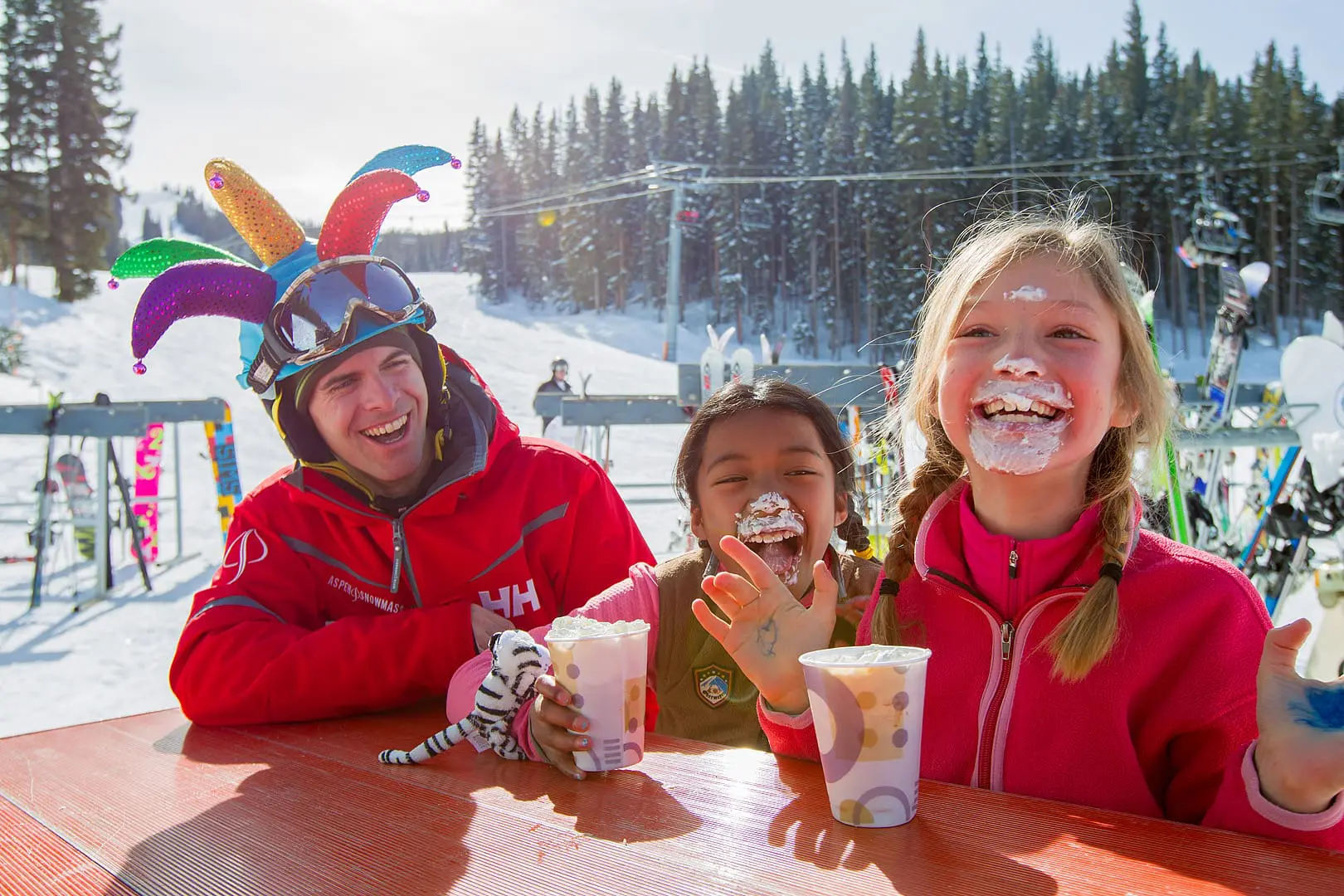 Kids goofing off at snowmass ski resort