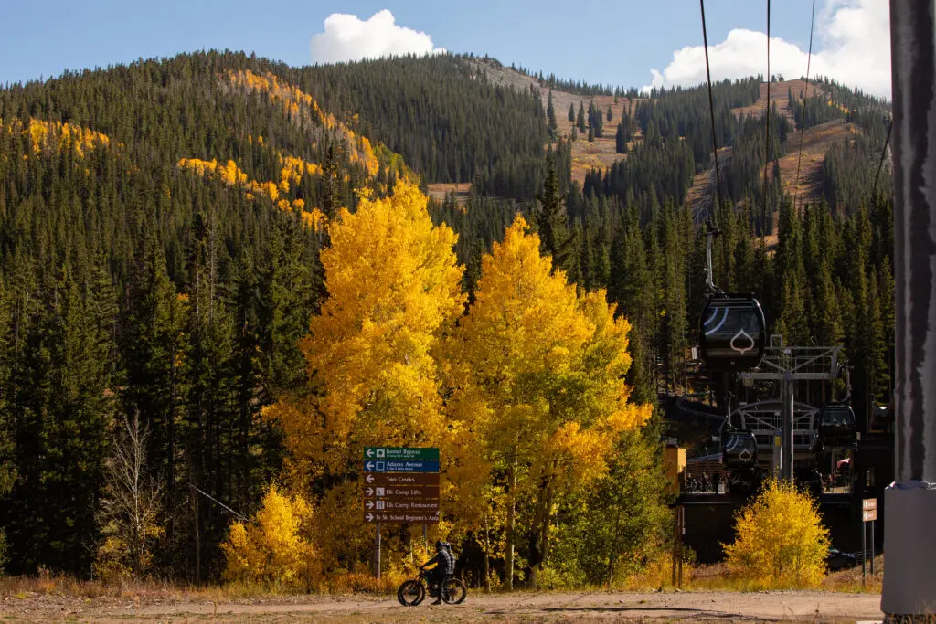 Mountain bikers look at directional signage below the Elk Camp Gondola in Snowmass with fall foliage.
