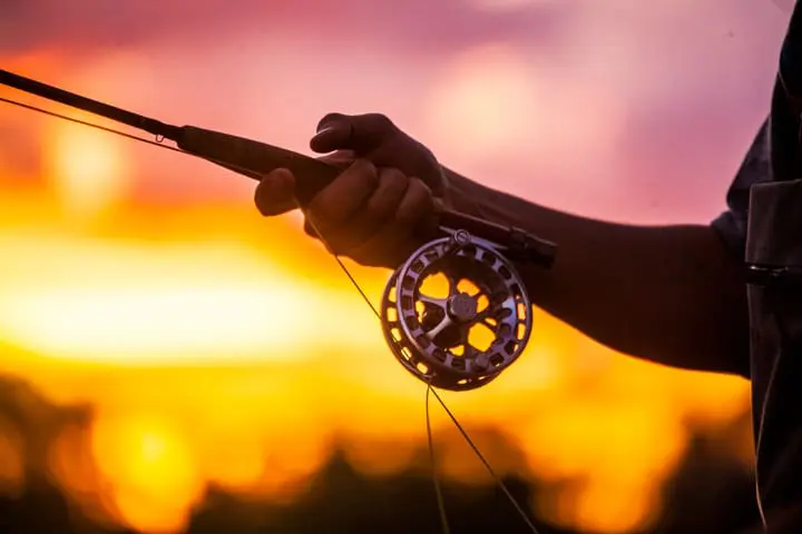 close up of hand holding a fly rod and reel