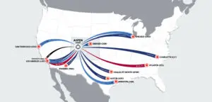 Flight map showing nonstop routes to Aspen Snowmass Airport in winter