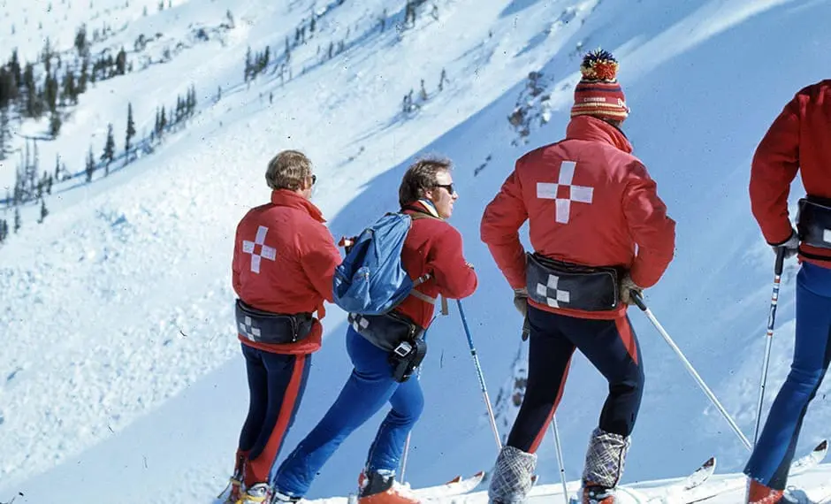 vintage 1970s photo of beginner skiers learning how to ski in Snowmass Colorado