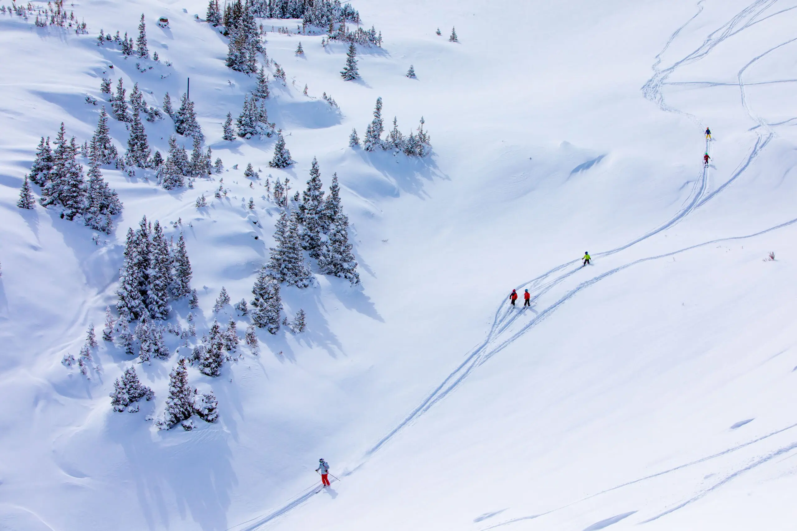 aerial view of students learning how to ski in Snowmass Colorado