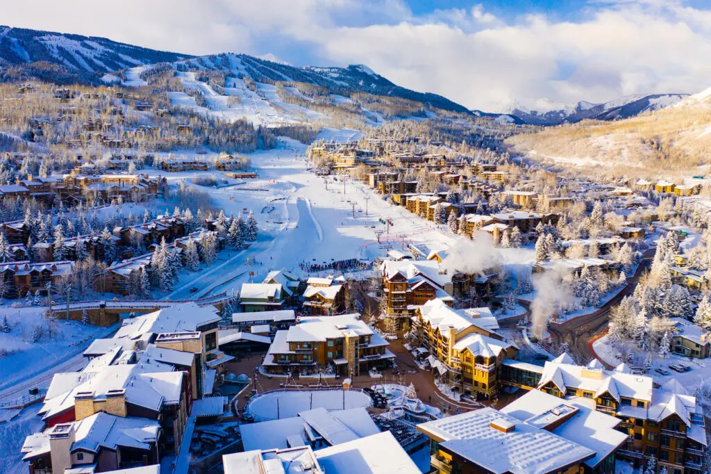Drone photo of Snowmass Village in the wintertime.