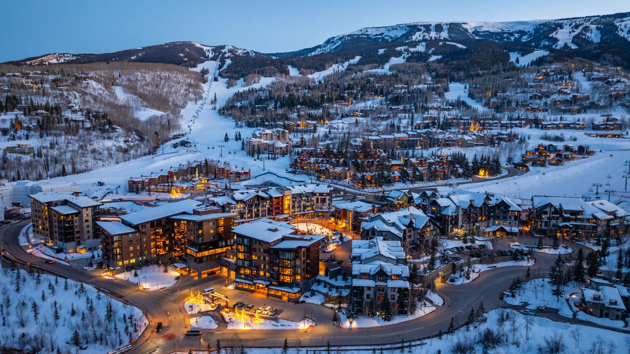 Snowmass Base Village at dusk on a winter trip.