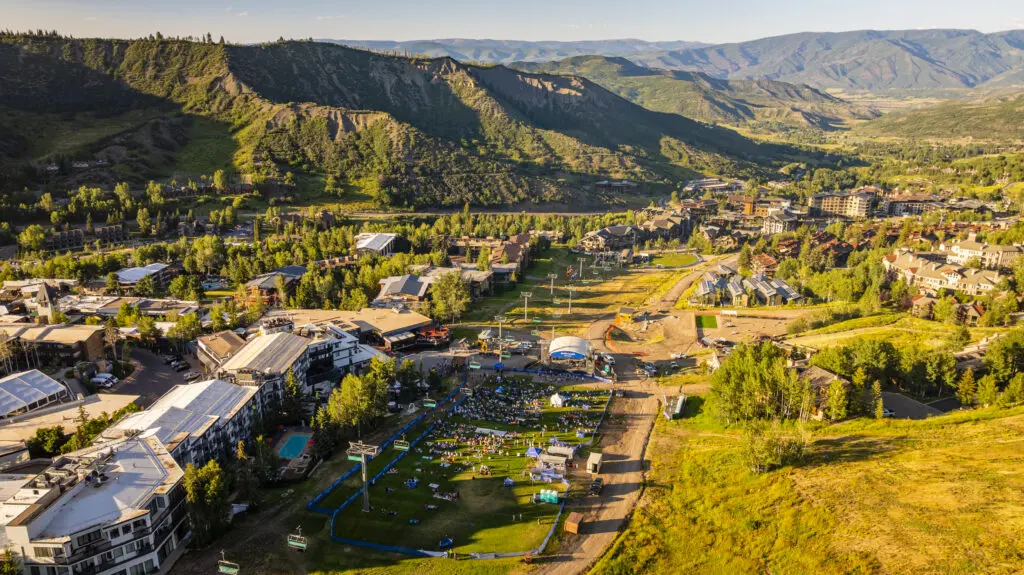 Summer music in Snowmass on Fanny Hill taken from a drone at golden hour.