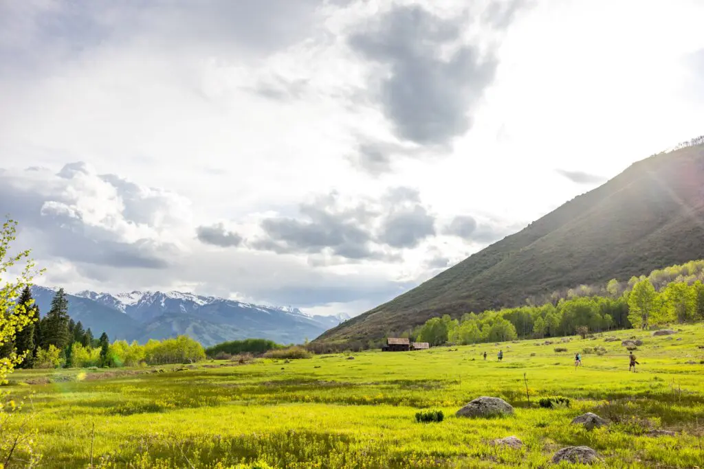 Upper Hunter Creek trail with a green meadow, looking toward Buttermilk Mountain.