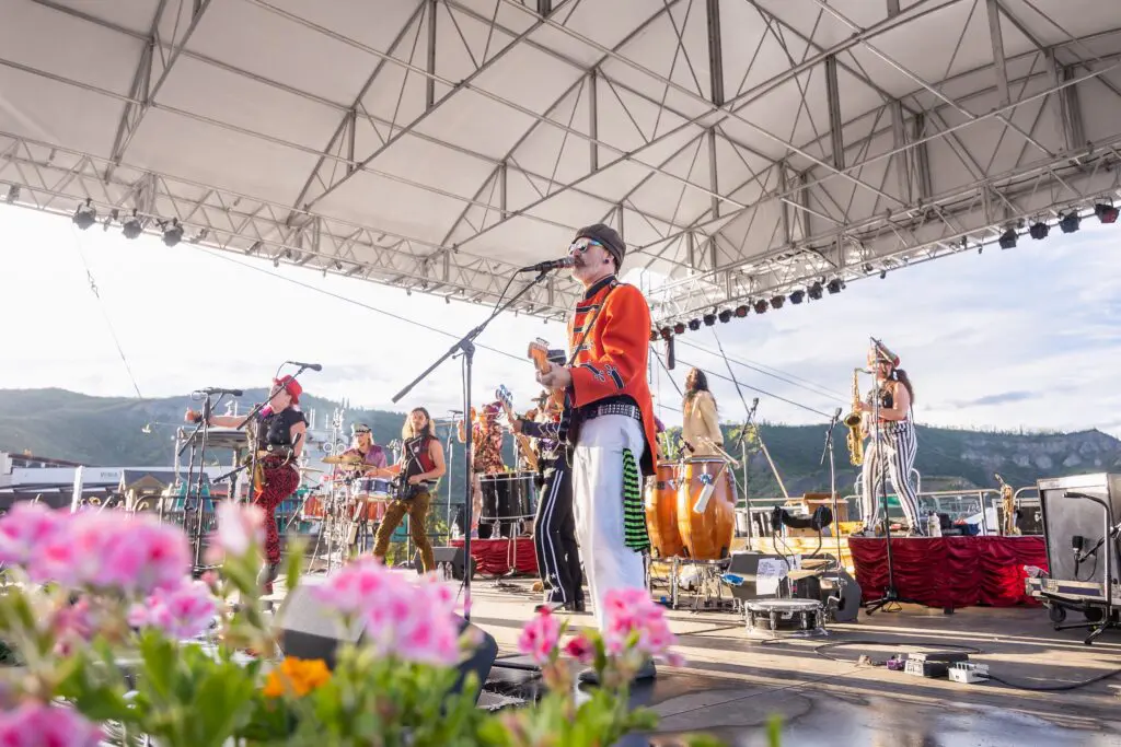 band on stage at the free concert series attraction in Snowmass near Aspen