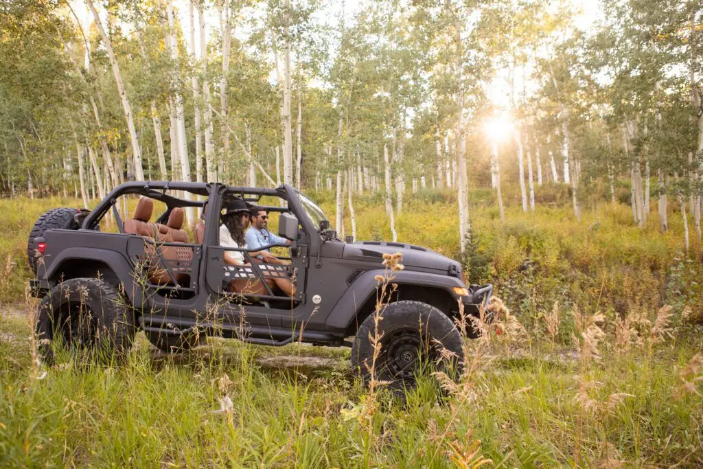 jeep excursion through a road meandering through Aspen trees during the summer